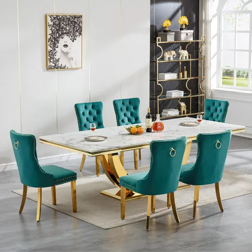 Miniatura 17 de Juego de mesa de comedor grande y moderna de mármol sintético blanco de 94.5 pulgadas, juego de mesa de comedor de 10 piezas con 10 sillas tapizadas