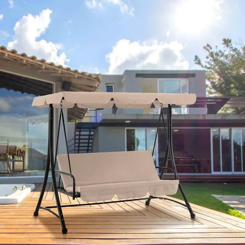 Miniatura 9 de MCombo Columpios de patio de 3 asientos con marco de acero resistente a la intemperie, toldo ajustable, columpio reclinable para porche al aire Beige