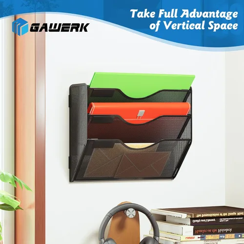 Miniatura 4 de Gawerk Organizador de archivos de pared colgante de 3 niveles, organizador de papel de correo de malla para colgar carpetas de archivos para oficina