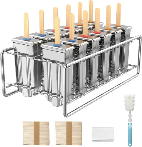 Paquete de 12 moldes de paletas de acero inoxidable, moldes caseros para paletas de hielo con soporte, cabeza redonda reutilizable, máquina de