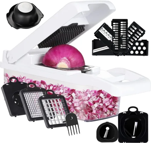 KEOUKE Cortador de verduras de mandolina pro - Cortador de alimentos con 16 cuchillas intercambiables con recipiente, protector manual y escurridor,