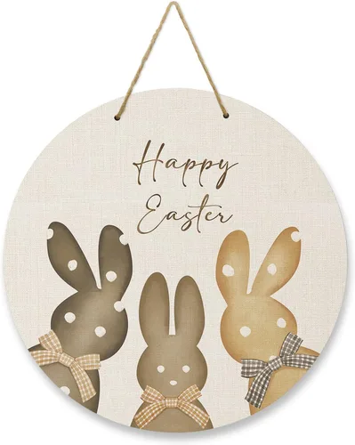Seasonal Front Door Welcome Sign, Happy Easter Bunny Rabbit Bow Round Wood Wreaths Wall Hanging Sign for Outdoor Porch Wall Pediments Home Decor