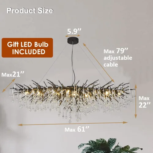 Miniatura 4 de Lámpara de araña grande de cristal ovalada de 60 pulgadas, lámpara colgante de gota de lluvia estilo rama negra y bronce para techos altos, comedor