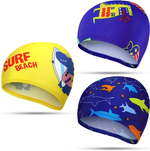 Miniatura 8 de Geyoga 3 piezas de gorras de natación para niños y niñas, gorras de natación para niños de 2 a 12 años, gorro de natación para piscina, gorro de Azul