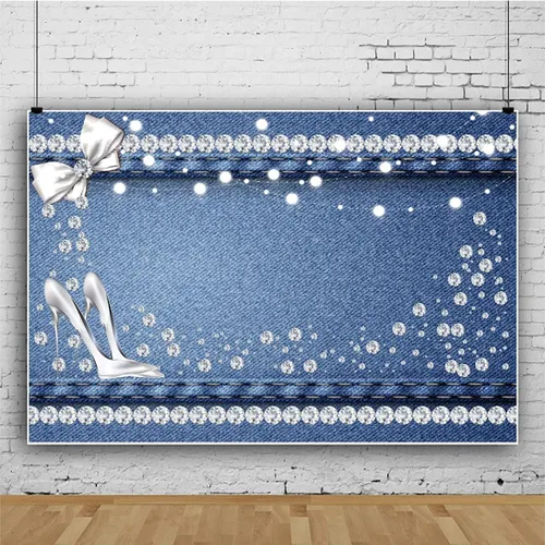 AOFOTO Telón de fondo azul de mezclilla y diamantes de 5 x 3 pies con purpurina y tacones de cristal con lazo, fondo de fotografía para mujeres y