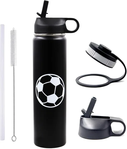 Miniatura 22 de Botella de agua de baloncesto de 12 onzas, botella de agua deportiva aislada al vacío de acero inoxidable con popote y 2 tapas, botella de agua