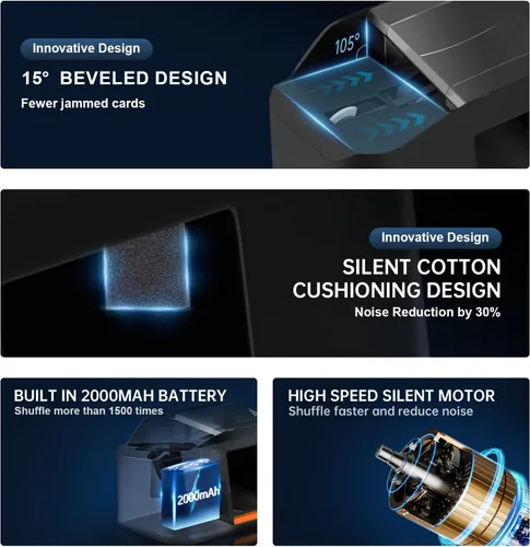 Miniatura 5 de Trasladador de cartas silencioso y recargable de 2 barajas, barajador eléctrico silencioso automático de 2000 mAh, naipes, Texas Hold'em, póker