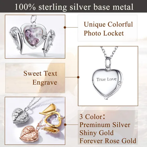 Miniatura 4 de SILVERCUTE Personalized & Engraved Locket Necklace with 18" Chain -Angel Wings Locket, Custom Heart Locket Pendant That Holds Picture, Sterling