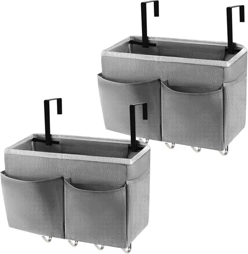 Organizador de almacenamiento para mesita de noche, 5 bolsillos con 4 ganchos, bolsa de almacenamiento colgante para cabeceros/literas (paquete de