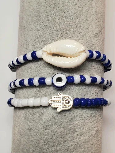 Miniatura 55 de 3 pcs Ilde Cowrie seashell Evil Eye Hamsa Hand Orisha Santeria Pulseras Bracelet Set