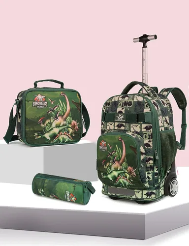 Miniatura 2 de MOHCO Juego de mochila con ruedas de 19 pulgadas con ruedas y bolsa de almuerzo y estuche para lápices, Dinosaur