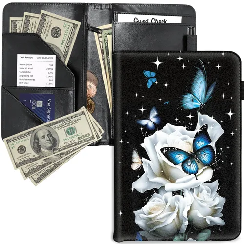 Miniatura 12 de RYUITHDJP Libro de mesera, libros de camarera con bolsillo con cremallera, diseño de flores cristianas, organizador de libros para servir