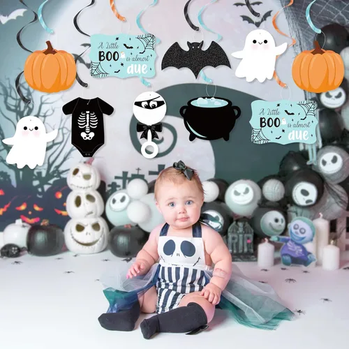 Miniatura 6 de K KUMEED Decoraciones de Halloween para baby shower, 20 piezas Blue A Little Boo is Almost Due Colgantes de remolinos para niños, decoración