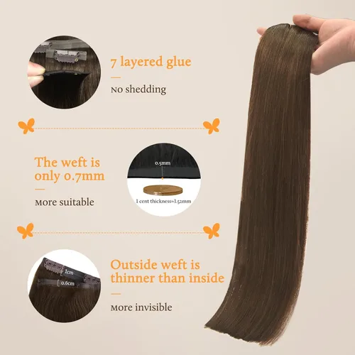 Miniatura 4 de DOORES - Extensiones de cabello humano, remy, lacio, grueso con clip, trama uniforme y borde invisible, sin costuras, color marrón chocolate, 7