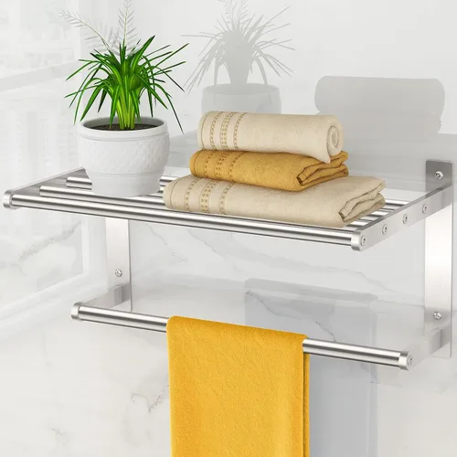 Miniatura 10 de Estante de baño con toallero, toalleros de metal de 16 pulgadas para montaje en pared de baño, toallero a prueba de óxido con estante soporte