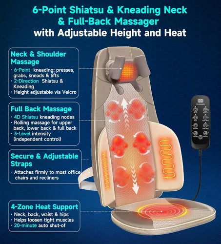 Miniatura 4 de Flekzo Shiatsu - Cojín de asiento para silla de masaje de espalda y cuello con calor, amasado 4D, intensidad ajustable, altura ajustable del cuello