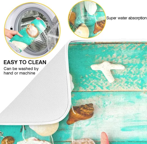 Miniatura 2 de Tapete absorbente para secado de platos para encimera de cocina, conchas verdes en la tabla de madera, almohadilla de secado de microfibra, 27