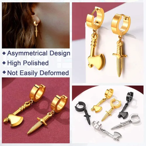 Miniatura 4 de FaithHeart Aretes de aro Huggie para mujer, acero inoxidable, chapado en oro de 18 quilates, aretes colgantes de gota de AnkhCrossCandkBocina