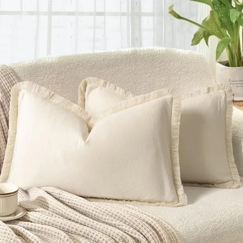 Miniatura 14 de ZWJD Juego de 2 fundas de almohada de 16 x 16 pulgadas, color beige, con flecos, de algodón, decorativas, cuadradas, para sofá, cama, sala de estar