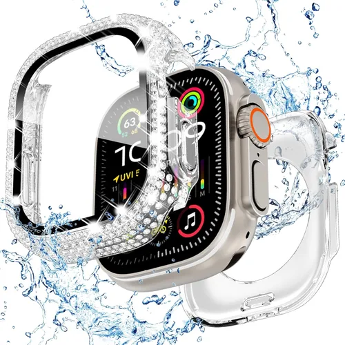 Miniatura 11 de Funda delantera y trasera, 2 en 1, brillante, impermeable, 360°, de policarbonato y protector de pantalla de vidrio para iWatch 8 y 7 de 41 mm, Negro