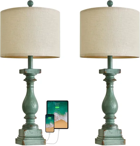 Miniatura 5 de BOBOMOMO Juego de 2 lámparas de mesa estilo granja de 27 pulgadas con USB A+C para dormitorio, sala de estar, lámparas vintage rústicas