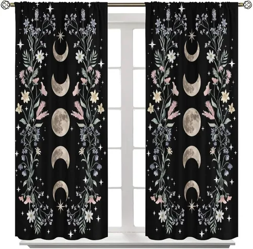 Miniatura 2 de Cortinas Florales de Luna Flores Silvestres Fase Jardín Iluminado por la Luna Estética Boho Primavera Naturaleza Juego de Tratamiento de Ventana