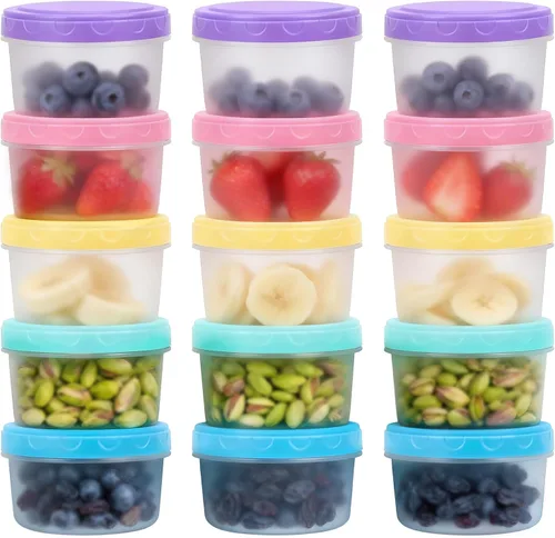 Miniatura 10 de Recipientes pequeños de alimentos con tapas para bebés y niños pequeños, paquete de 15 unidades, fácil de abrir, ultra gruesos, reutilizables, caja