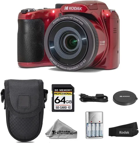 Kodak PIXPRO AZ255 - Cámara digital (rojo) - Zoom óptico de 25X, 16MP, video de 1080p, tarjeta SD de 64 GB, baterías AA extra recargables, cargador