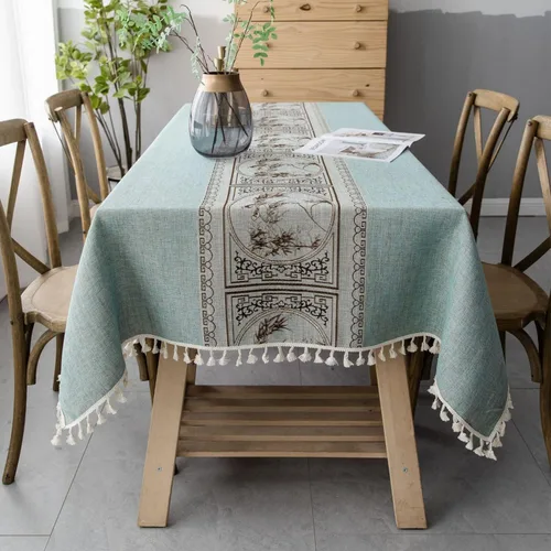 Miniatura 6 de Pahajim Mantel de lino rústico rectangular con borlas a rayas de algodón para mesa de cocina y comedor, cuadrada, 55 x 55 pulgadas, 4 asientos Azul
