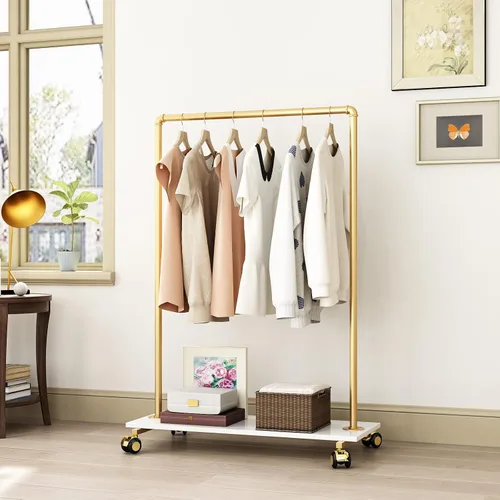 Miniatura 3 de Perchero de metal dorado con estante de madera, perchero resistente con ruedas para dormitorio, uso en boutiques minoristas (37.4 pulgadas de largo)