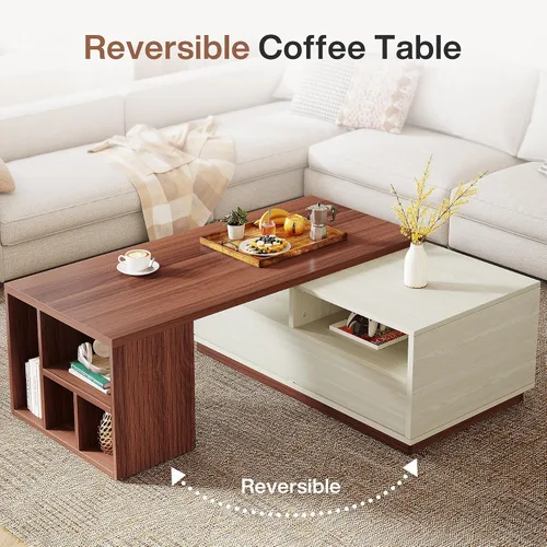Miniatura 4 de Tribesigns Mesa auxiliar extensible con 2 cajones de almacenamiento, mesa reversible para sala de estar con estantes y parte superior ajustable