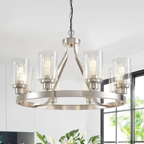 Miniatura 15 de Lanhall - Lámpara moderna de 6 luces para comedor, lámpara de techo en níquel cepillado para cocina, candelabro colgante con pantalla de vidrio