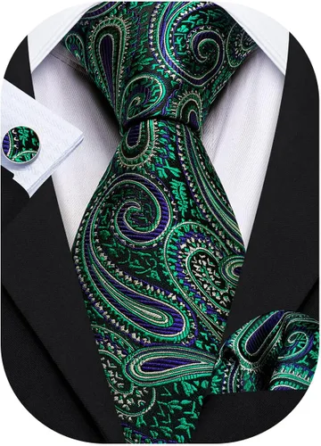 Miniatura 14 de Barry.Wang - Juego de corbata de seda para hombre, diseño de cachemira, pañuelo y gemelos de bolsillo