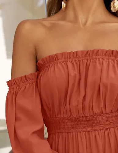 Miniatura 45 de ZESICA - Vestido largo, bohemio y sexy, con hombros descubiertos y manga larga fruncida, con elástico fruncido, cintura alta y abertura lateral