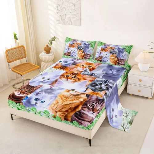 Miniatura 10 de Feelyou Juego de ropa de cama de tamaño individual con diseño de gato colorido para niños, adolescentes y niñas, decoración de habitación de gato