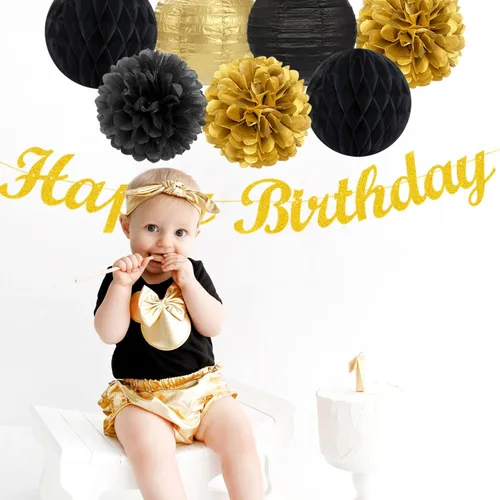 Miniatura 7 de Paquete de decoración de fiesta de cumpleaños para mujeres y hombres - 21 piezas. Banner feliz, papel de banderines, linternas de panal, pompones