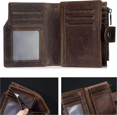 Miniatura 25 de LUKZIJAES Billetera de cuero genuino para hombre, con bloqueo RFID, delgada, plegable, bolsillo frontal, #3-Café, Vintage