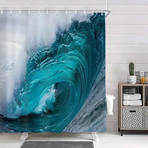 Miniatura 3 de NYMB Cortina de ducha de agua de mar, tela de poliéster, náutica de verano, tropical, olas sobre un azul y blanco ventoso, decoraciones de baño