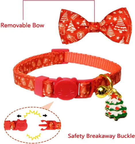 Miniatura 2 de Paquete de 2 collares de pajarita de gato de Navidad con campana, juego de collar ajustable festivo con dijes de árbol y campana, patrones de Papá