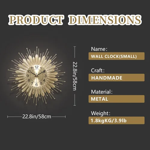 Miniatura 7 de Reloj de pared dorado de 23 pulgadas con diseño de rayos de sol, relojes de pared decorativos de mediados de siglo a pilas, diseño de rayos de sol