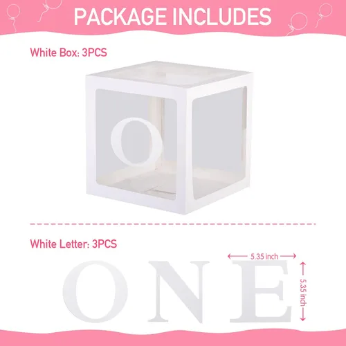 Miniatura 2 de Decoraciones de Primer Cumpleaños Para Niño o Niña, 3 Piezas Cajas de Globos ONE Para 1er Cumpleaños, Bloques Transparentes Para Bebé Decoración