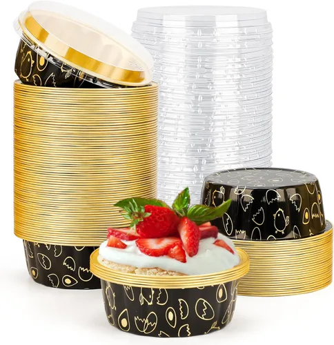 Miniatura 23 de Beasea Ramequines con tapas, 8oz 50 unidades de tazas de aluminio desechables para hornear, tazas de papel de aluminio plateado para creme brulee