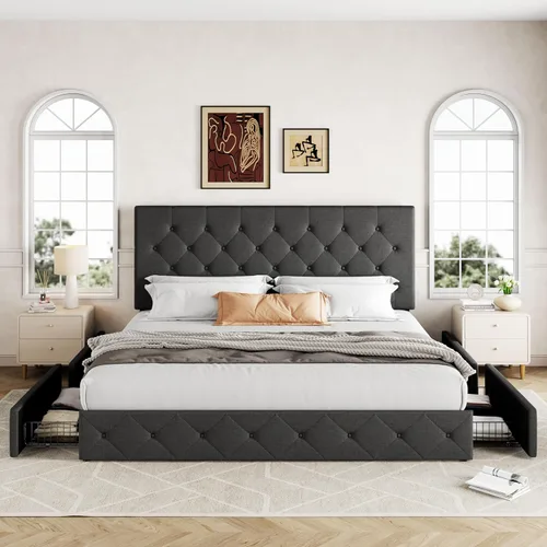 Miniatura 3 de Allewie - Base de cama con plataforma tamaño King, tapizada, con 4 cajones de almacenamiento y cabecera, botones cosidos en forma de diamante, base