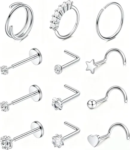 Miniatura 27 de Nose Rings Hoop and Nose Studs Sets for Women Men,Hypoallergenic 316L Surgical Stainless Steel Hinged Clicker Segment Nose Rings Hoop Helix