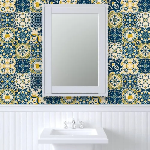 Miniatura 9 de Papel tapiz para despegar y pegar – Azulejos amarillos Limones Cheater Quilt Italiano Mediterráneo Azulejos Siciliano Karge Escala Toscana, Papel