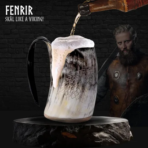 Miniatura 3 de FENRIR Juego de tazas de cuerno vikingo de 16 onzas – Regalos para hombres, papá, esposo – Regalo único vikingo – Taza de cuerno de buey real hecha