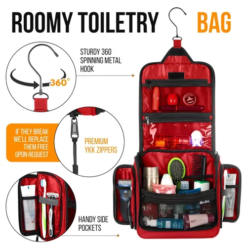 Miniatura 5 de Bolsa de aseo de viaje para hombres y mujeres - Organizador grande colgante de artículos de tocador - Bolsa de higiene impermeable con gancho L Rojo