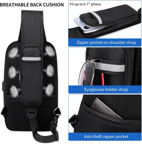 Miniatura 20 de DUSLANG Mochila de hombro para senderismo, bolsa cruzada para hombres, bolsas de pecho con puerto de cargador USB para campamento casual, ciclismo