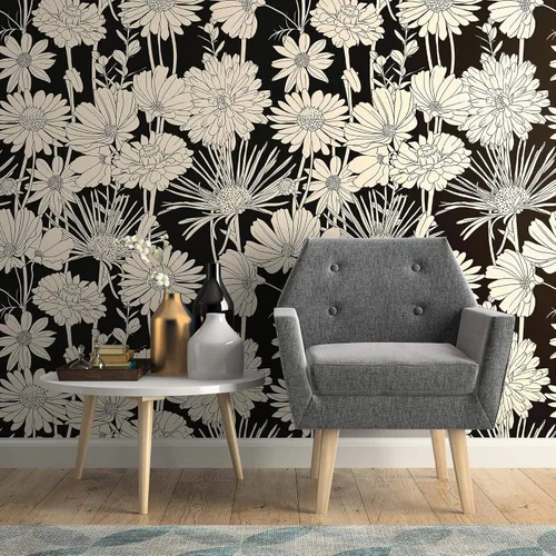 Miniatura 2 de Walls By Me Papel tapiz extraíble con estampado floral blanco y negro dibujado a mano 5539-2 pies x 4 pies (24.0 x 48.0 in)