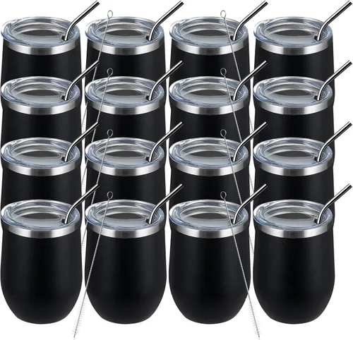 Miniatura 33 de MEWAY Vaso de vino sin tallo de 12 onzas con tapa, vaso de viaje de acero inoxidable con aislamiento de doble pared al vacío con popote, para Negro